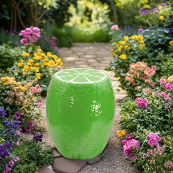 Green Lemon Fruit Stool, 14" Oversized Resin Stool Side Table, Tropical Plant Stand for Indoor Outdoor Garden Decor, Multi-Purpose Seating Ottoman, Green