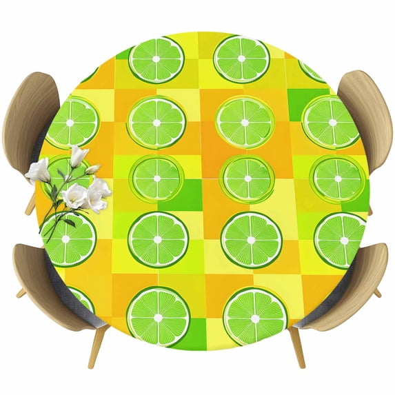Green Lemon Plaid Round Tablecloth 45-54 Inch Round Fitted Table Cloth with Elastic Edge, Farmhouse Checkered Buffalo Summer Waterproof Table Cover Protector for Outdoor Picnic Party Dining