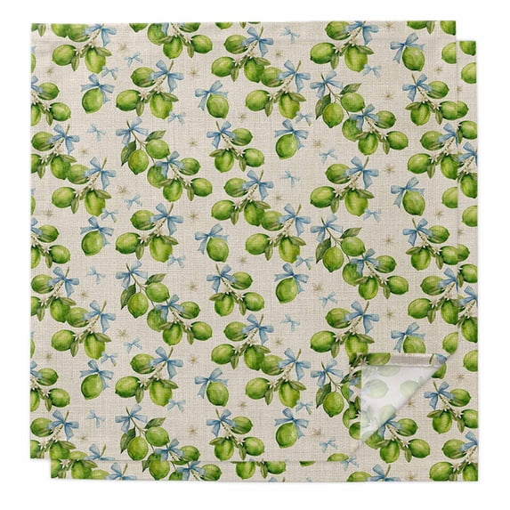Green Lemons Cloth Napkins, Summer Watercolor Blue Bows Fruits on Linen Washable and Reusable Dinner Napkins Set of 2, Table Napkin for Kitchen Party Birthday Wedding Hotel Housewarming 20"x20"
