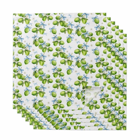 Green Lemons Cloth Napkins, Summer Watercolor Blue Bows Fruits Washable and Reusable Dinner Napkins Set of 6, Table Napkin for Kitchen Party Birthday Wedding Hotel Housewarming 20"x20"