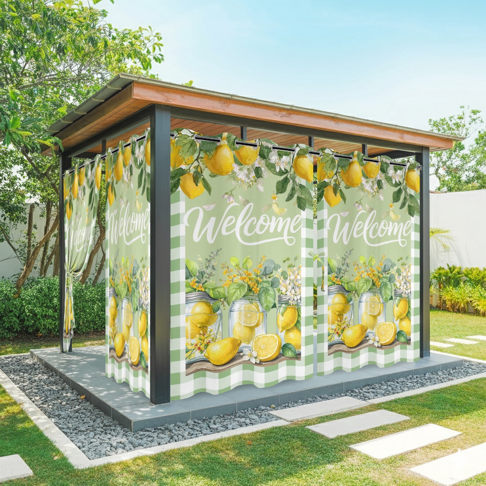 Green Lemons Outdoor Curtains for Patio, Welcome Summer Fruit Flower Botanical Plaid Sunshade Privacy Drapes Grommet Waterproof Outside Curtains for Porch/Cabana/Balcony 54"x 84", 2 Panel