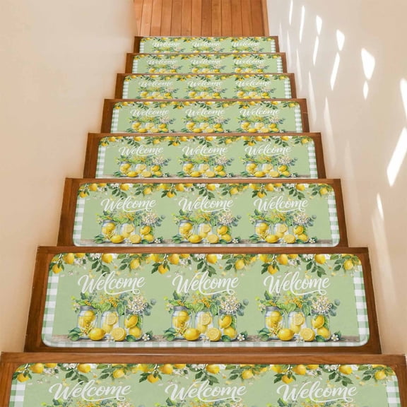 Green Lemons Stair Treads Non Slip for Steps Welcome Summer Fruit Flower Botanical Plaid 4 Pcs Reusable Adhesive Stair Runner Mats for Dogs Elders Carpet Treads Rugs for Staircase 8x30 In