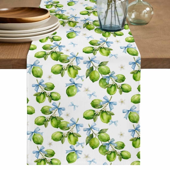 Green Lemons Table Runner 72 Inches, Summer Watercolor Blue Bows Fruits Bed Runner Dresser Scarves Tabletop for Indoor Outdoor Parties/Ceremony/Banquet, 16" x 72"