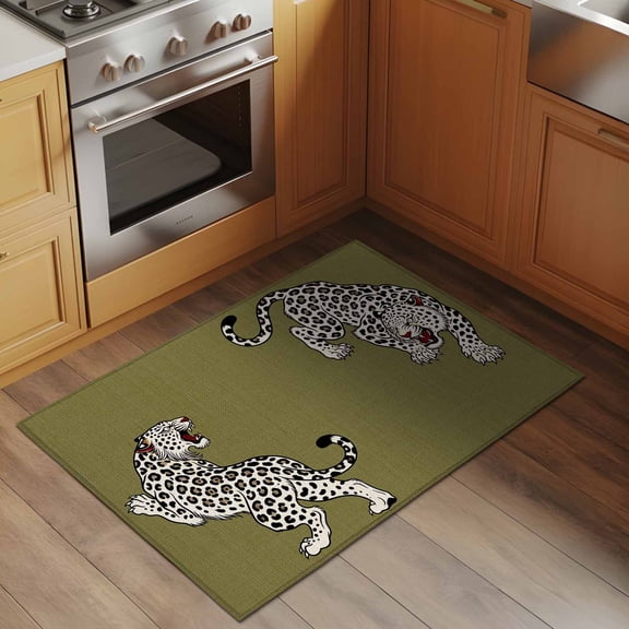 Green Leopard 2x3 Rug for Entryway Front Door Kitchen Sink Area, Modern Style Wild Animal Rustic Linen Texture Low Pile Washable Non Slip Rectangle Area Rug