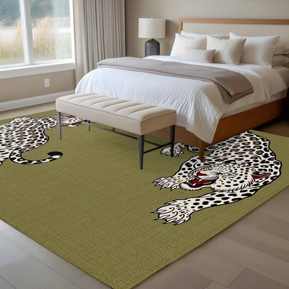 Green Leopard 6x9 Rug for Dining Room Table and Chair Setup, Modern Style Wild Animal Rustic Linen Texture Low Pile Washable Non Slip Rectangle Area Rug