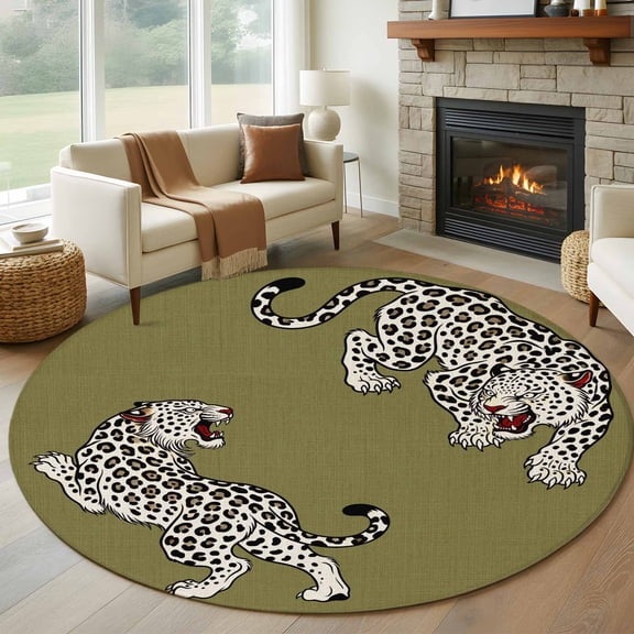 Green Leopard 7ft Round Rug for Living Room Conversation Area, Modern Style Wild Animal Rustic Linen Texture Washable Non Slip Large Circle Area Rug