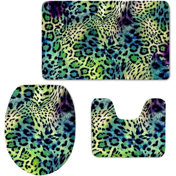 Green Leopard Animal Print Soft Bathroom Rug Set Contour Rug Lid Toilet Cover Bath Carpet 3 PCS