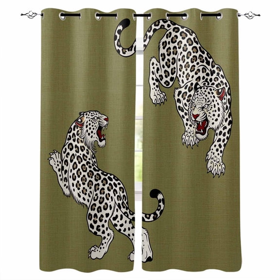Green Leopard Blackout Curtains 45 Inch Length Modern Style Wild Animal Rustic Linen Texture Thermal Insulated Window Curtain Window Drapes 2 Panels for Bedroom Living Room 52"Wx45"L