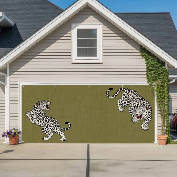 Green Leopard Garage Door Banner Covers, Modern Style Wild Animal Rustic Linen Texture Large Hanging Indoor/Outdoor Backdrop Background for Christmas Winter Party Decor, 6.9x8ft