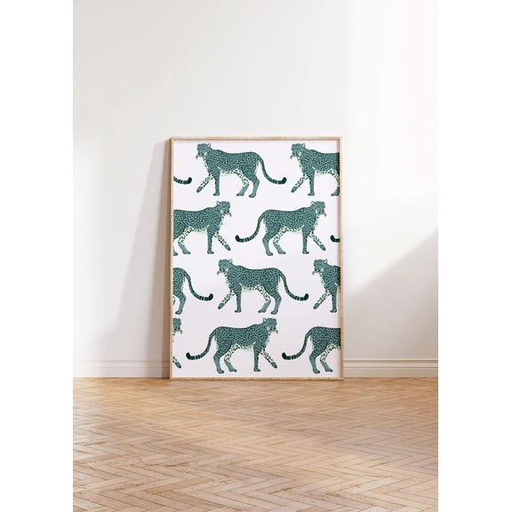 Green Leopard Illustration Y2K Boho Animal Wall Art, Unframed Paper Print Size 12x18