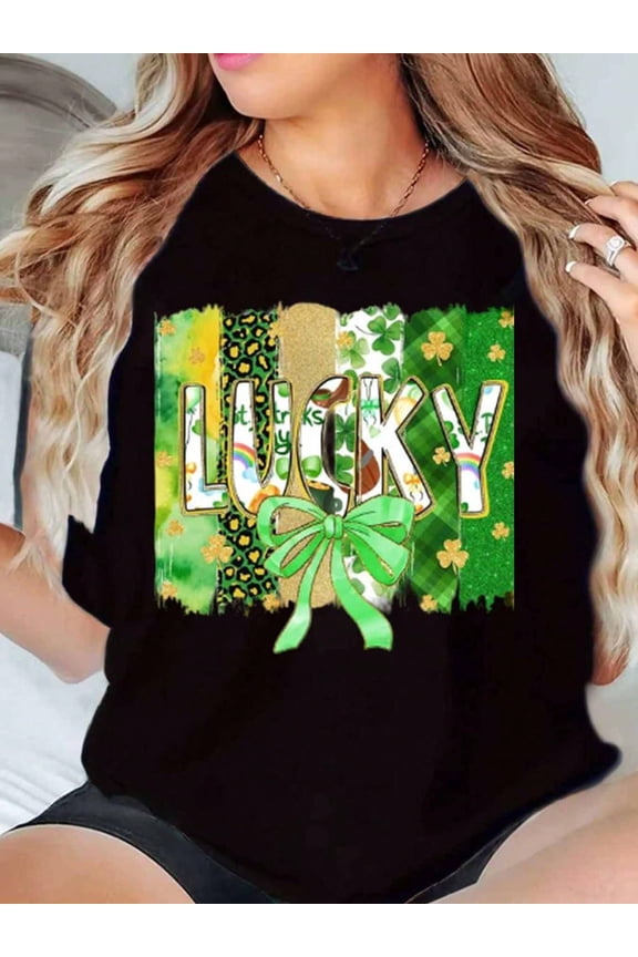 Green Leopard Lucky Shamrock Bow for Women Short Sleeve Holiday T-Shirt