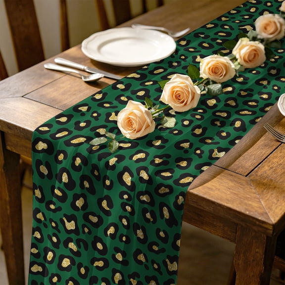 Green Leopard Print 10 ft Cheesecloth Table Runner for Wedding 27"x120", Luxury Animal Fur Pattern Retro Kitchen Dinner Sheer Tulle Chiffon Dresser Scarf, Holiday Party Decorations