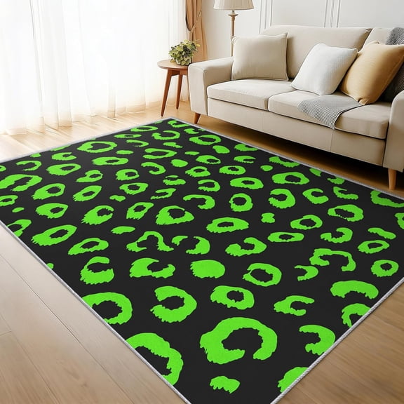 Green Leopard Print Area Rug, Black Green Cheetah Pattern Indoor Carpet, Washable Non Slip Low Pile Soft Thin Rug for Living Room Bedroom Home Decor Mat 2x3ft