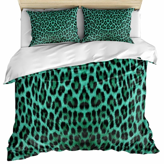Green Leopard Print Bedding 3 Piece Duvet Cover Set Full Size, Farmhouse Abstract Animal Patterned Soft Microfiber Comforter Cover with Zipper Closure & Pillowcases, FadeResistant Quilt Cover