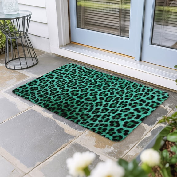 Green Leopard Print Door Mat Indoor Outdoor,Farmhouse Abstract Animal Patterned Non Slip Welcome Mat with Rubber Backing,Absorbent Fabric Front Door Mats Entryway Rug for Home Patio Entrance 24"x36"