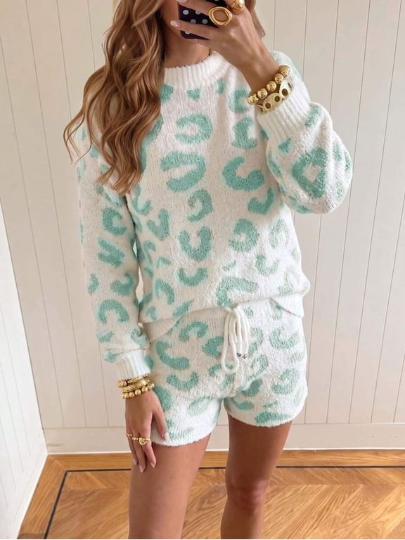 Green Leopard Print Knit Sweater and Shorts Set