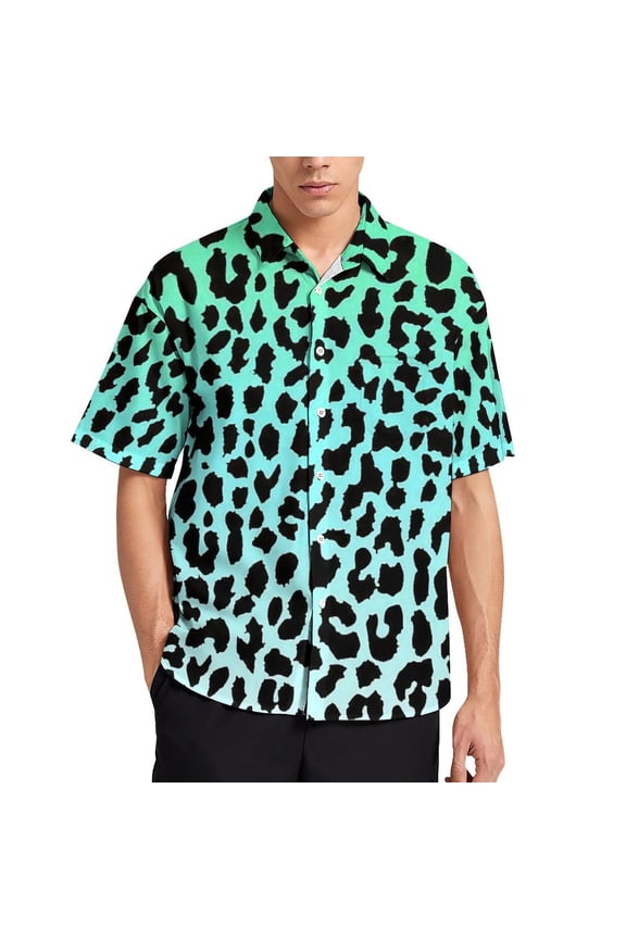 Green Leopard Print Men's Short Sleeve Button Up Shirts Casual Regular-Fit Beach Summer Tops M-4XL
