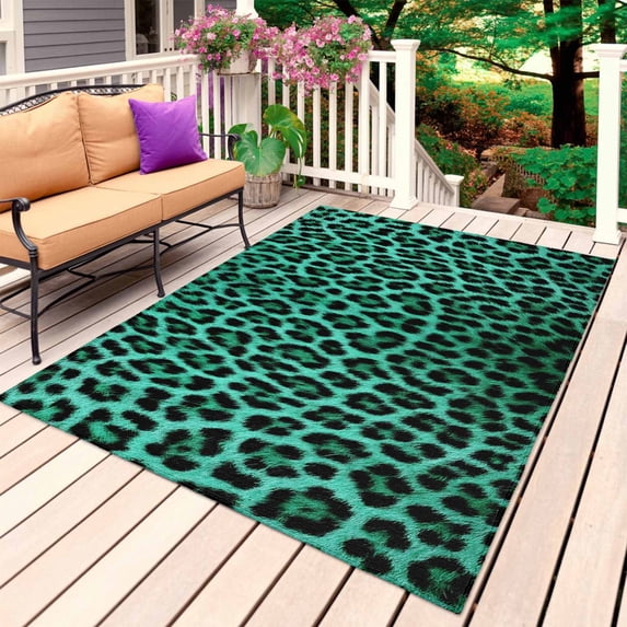 Green Leopard Print Outdoor Rug for Patio/Deck/Porch, Non-Slip Large Area Rug 3 x 5 Ft, Farmhouse Abstract Animal Patterned Indoor Outdoor Rugs Washable Area Rugs, Camping Rug Carpet Runner