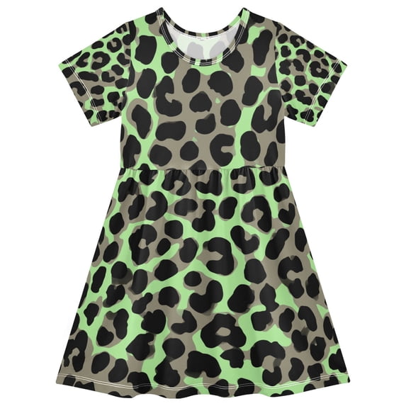Green Leopard Print Pattern Girls Short Sleeve Dress A Line Sun Protection Breathable Comfort Sundress 2T