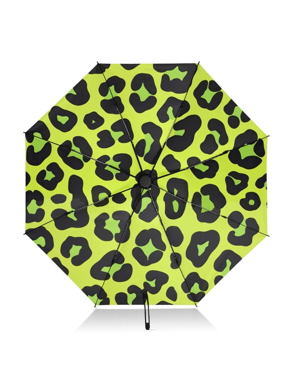 Green Leopard Print Pattern Umbrella Folding Sun Umbrella Travel Auto Open Close Large UV50+ 40in