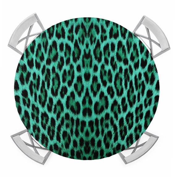 Green Leopard Print Round Tablecloth for 45-54 Inch Tables,Fitted Table Cover with Elastic Edge,Farmhouse Abstract Animal Patterned Waterproof Outdoor Table Cloth Protector for Patio Garden Dinner