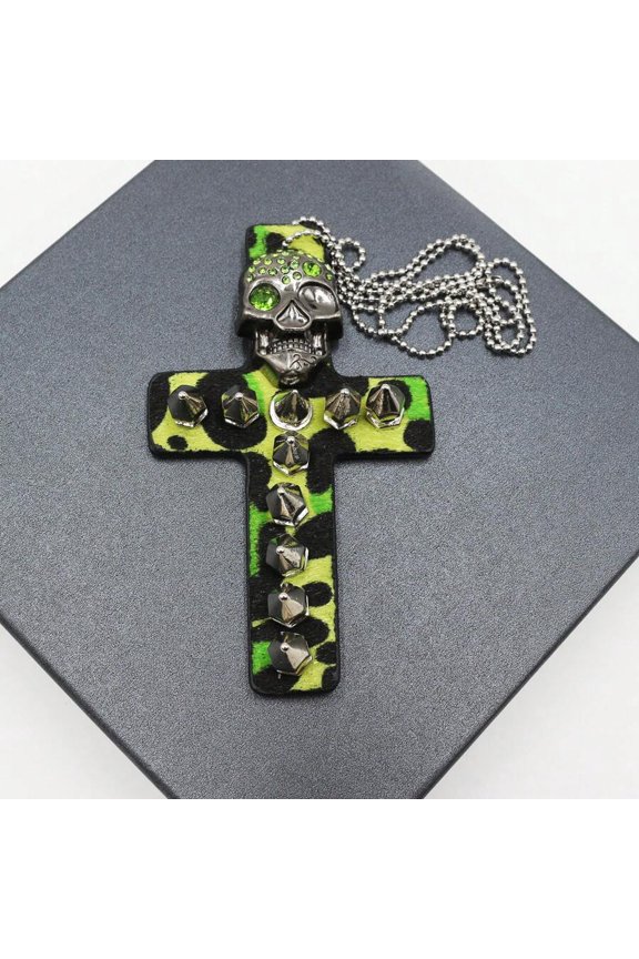 Green Leopard Print Skull Cross Pendant Necklace With Rhinestones And Studs