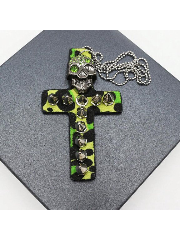 Green Leopard Print Skull Cross Pendant Necklace With Rhinestones And Studs