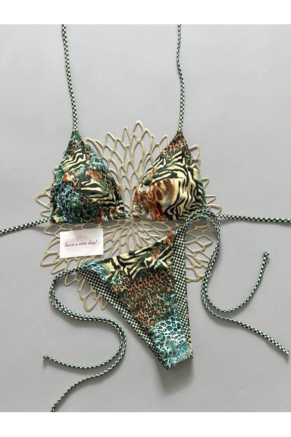 Green Leopard Print Tie-Side Triangle Bikini Set For Beach Pool Cruise Vacation