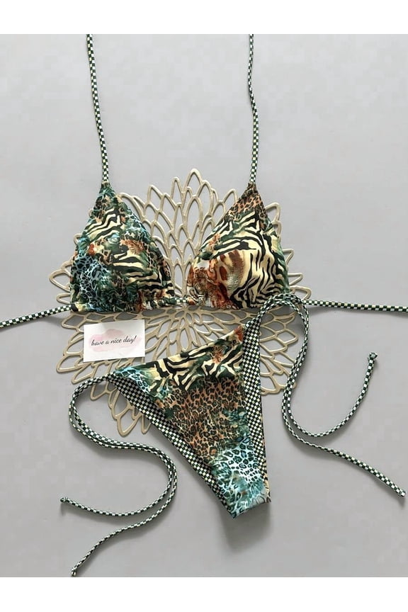 Green Leopard Print Tie-Side Triangle Bikini Set For Beach Pool Cruise Vacation