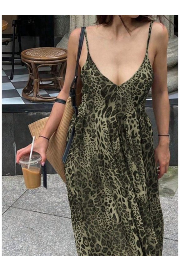 Green Leopard Print V-Neck Maxi Dress Spaghetti Strap Flowy A-Line Casual