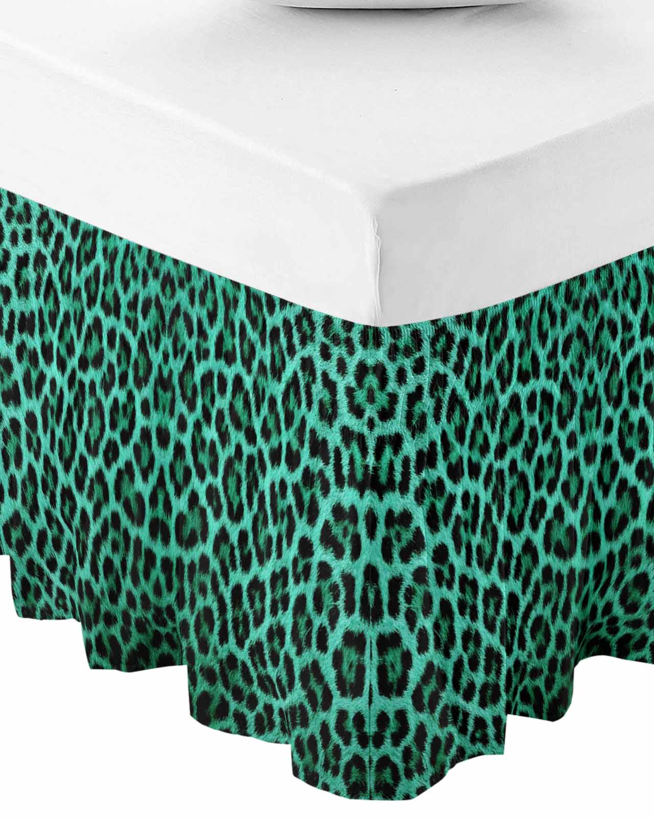 Green Leopard Print Wrap Around Bed Skirts for Queen Bed 16" Drop,Bed Skirt with Adjustable Elastic Belt Dust Ruffle Bed Valance for Bedroom Hotel Farmhouse Abstract Animal Patterned Bed Frame Cover