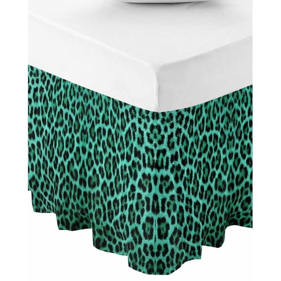 Green Leopard Print Wrap Around Bed Skirts for Queen Bed 16" Drop,Bed Skirt with Adjustable Elastic Belt Dust Ruffle Bed Valance for Bedroom Hotel Farmhouse Abstract Animal Patterned Bed Frame Cover