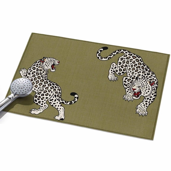 Green Leopard Washable Area Rug 2 x 3 ft Modern Style Wild Animal Rustic Linen Texture, Soft Non Slip Rugs Stain Repellent Indoor Felt Carpet for Living Dining Room Bedroom Home Office