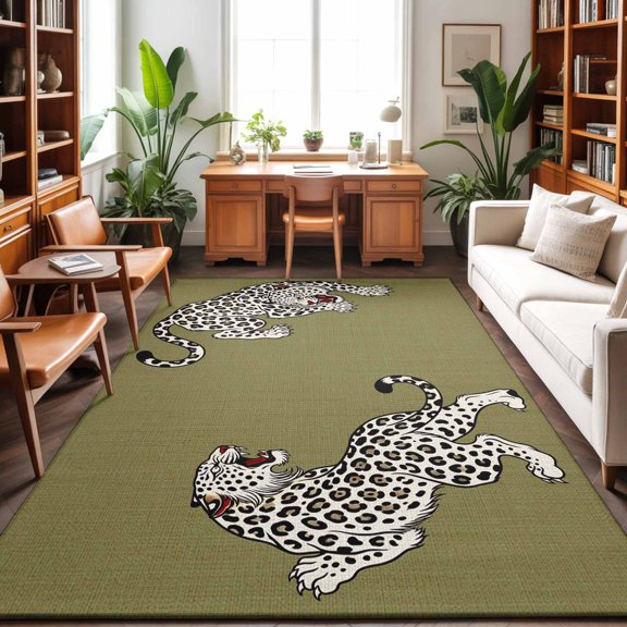 Green Leopard Washable Area Rug 6 x 9 ft Modern Style Wild Animal Rustic Linen Texture, Soft Non Slip Rugs Stain Repellent Indoor Felt Carpet for Living Dining Room Bedroom Home Office