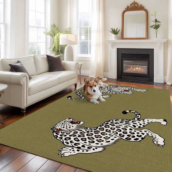 Green Leopard Washable Area Rug 6x9 Modern Style Wild Animal Rustic Linen Texture Low-Profile Large Area Rugs with Non Slip Backing Indoor Floor Carpet for Entrance Living Room Bedroom Home Office