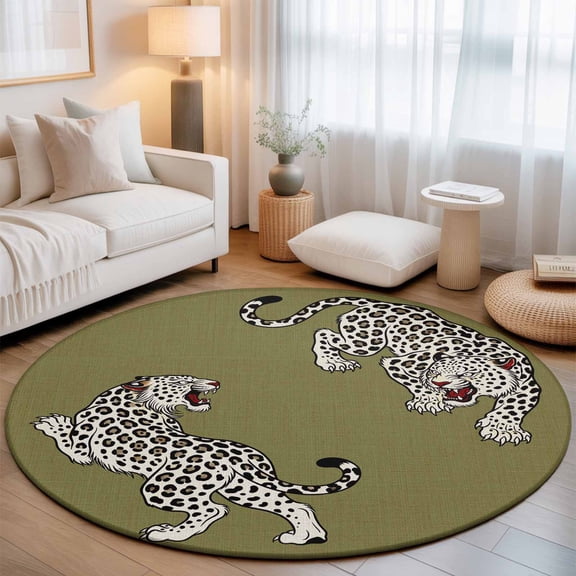 Green Leopard Washable Round Area Rug 4 ft, Modern Style Wild Animal Rustic Linen Texture, Soft Non Slip Rugs Stain Repellent Indoor Felt Carpet for Living Dining Room Bedroom Home Office