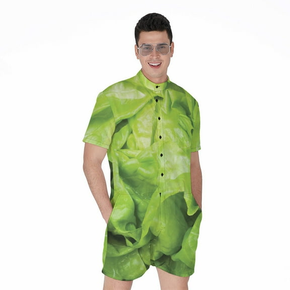 Green Lettuce Leaves Short Sleeve Men'S Rompers Casual Summer Jumpsuits Outfit