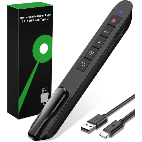 Green Light Clicker for TeachersUSB-C Rechargeable Presentation Clicker, Plug & Play Wireless Remote for PowerPoint/Keynote/Google Slides on Mac, Windows & Laptop, with Hyperlink & Volume Control