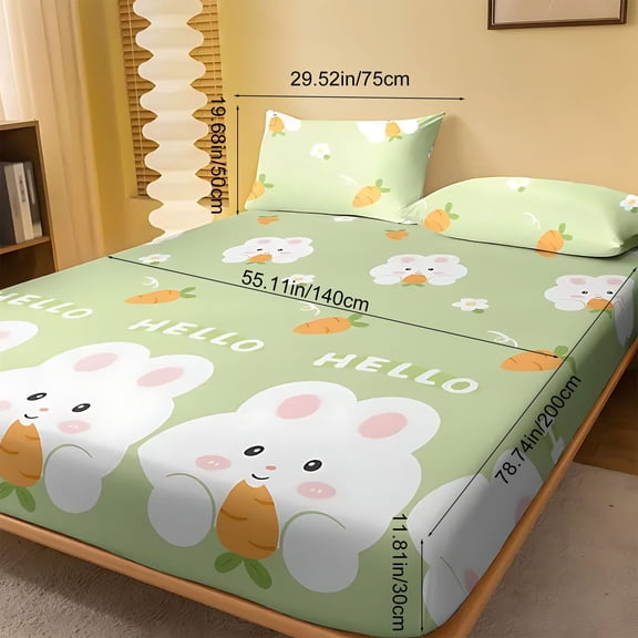 Green Light Green Bed Sheet Set With Cute Bunny Patterns And Healing Design Adds A Fresh Touch To Children'S Rooms Or Girlish Bedrooms