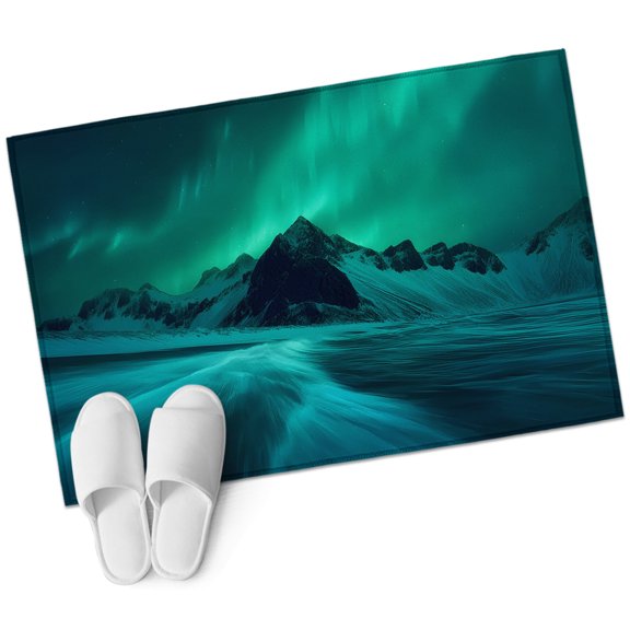 Green Light Mountain Bathroom Rug Washable 2x3 Entryway Rug Non Slip Winter Snowy Natural Scenery Front Door Mat Low Pile Indoor Doormat Throw Floor Carpet for Kitchen Bedroom Entrance