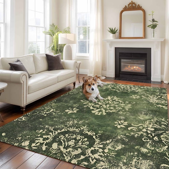 Green Light Yellow Boho Area Rugs 5x7 ft Ethnic Oriental Floral Vintage Retro Washable Rug Non Slip Indoor Carpet Absorbent Floor Mat for Living Room Bedroom Dining Room