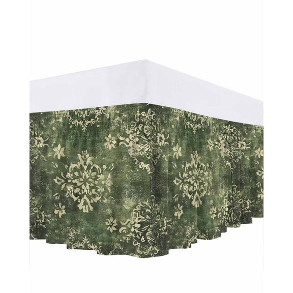 Green Light Yellow Boho Bed Skirt King Size 16" Drop Ethnic Oriental Floral Vintage Retro Ruffled Wrap Around Bed Skirts Adjustable Elastic Bedskirt Dust Ruffle for King Size Bed