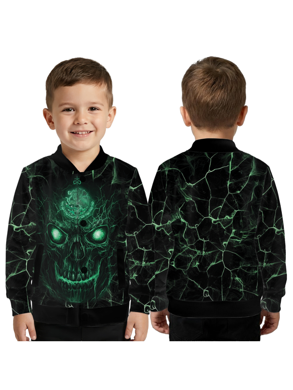 Green Lightning Skull Coat, Electric Eyes Skull Graphic Jacket, Dark Gothic Thunder Pattern Outerwear