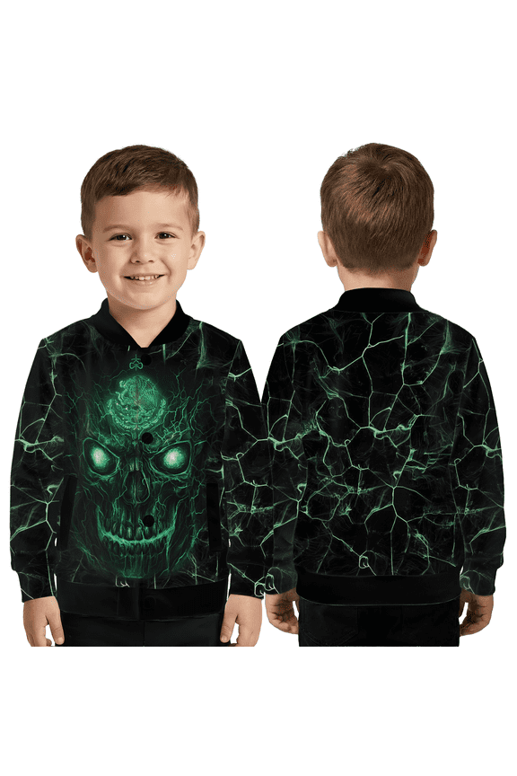 Green Lightning Skull Coat, Electric Eyes Skull Graphic Jacket, Dark Gothic Thunder Pattern Outerwear
