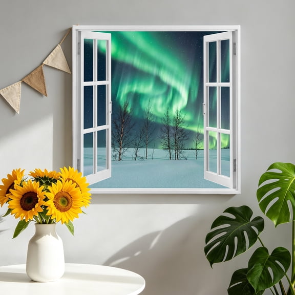 Green Lights Canvas Wall Art, Opened Window Night Sky Bare Birch Trees Snowy Plain Framed Canvas Wall Decor Picture Print Artwork Decorations for Living Room Office Ready to Hang 8" x 8"