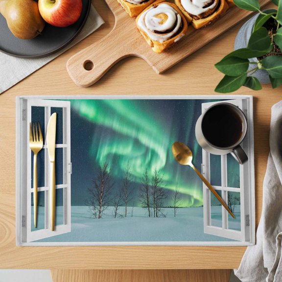 Green Lights Placemats Set of 1 Opened Window Night Sky Bare Birch Trees Snowy Plain Heat Insulation Washable Place Mats, Non-Slip Table Mats for Dining Table Party Kitchen Decor, 13x19 Inch