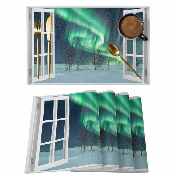 Green Lights Placemats Set of 1, Opened Window Night Sky Bare Birch Trees Snowy Plain Non-Slip Place Mats Washable Table Mats for Kitchen Dining Table Decorations Indoor/Outdoor