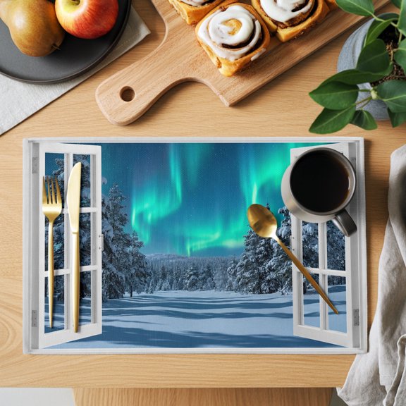 Green Lights Placemats Set of 1 Opened Window Night Sky Snow Covered Pines Trees Plain Heat Insulation Washable Place Mats, Non-Slip Table Mats for Dining Table Party Kitchen Decor, 13x19 Inch