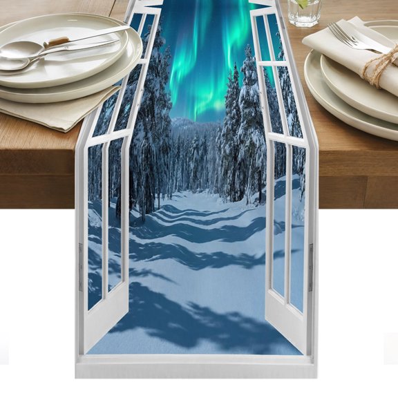 Green Lights Table Runner, Opened Window Night Sky Snow Covered Pines Trees Plain Washable Kitchen Table Runners for Dining Table Decorations Party/Restaurant/Indoor Outdoor Use, 13x36in