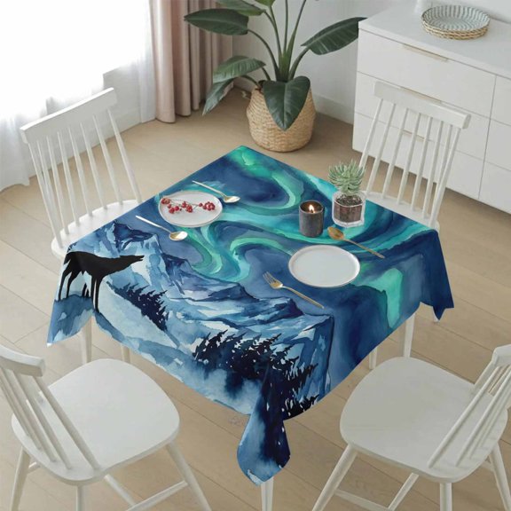 Green Lights Wolf Table Cloth 54x54in, Waterproof Square Tablecloth Wipeable Tablecloths Watercolor Mountain Background Table Covers for Dining Tables Party Indoor Outdoor